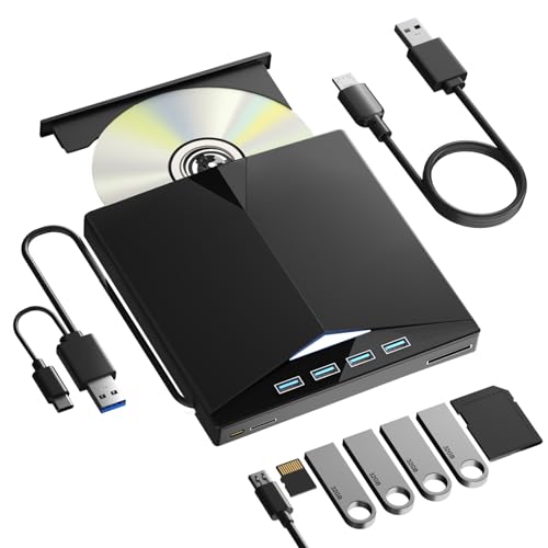External CD/DVD Drive for PC, Portable 7 in1 USB 3.0 CD Drive External Usb, CD Reader for PC CD Burner with 4 USB Ports and TF/SD Card Slots, External Dvd Burner for Windows 11/10/8/7/XP/Linux/MacOS