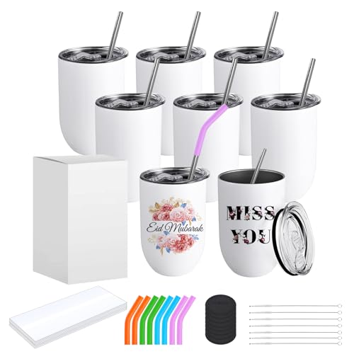 ColorSub Sublimation Wine Tumblers 12oz 16 Pack Stainless Steel Double Wall Sublimation Blanks Wine Cups with Lids & Straws Brush Shrink Wrap Silicone Straw Tips Gift Box (Straight 8 Pack)