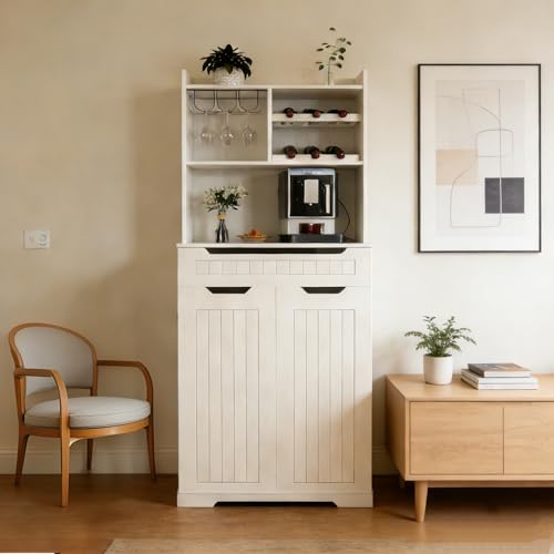Image of 70 inch Tall Kitchen Pantry Cabinet with Charging Station & Drawer,Farmhouse Modern Wood Small Storage Cabinets w /Wide Tabletop,Wine Rack & 6 Door Shelves,for Small Kitchen,Living & Dining Room,White