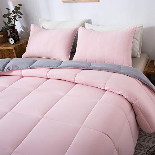Domdec 3-Piece Down Alternative Quilted Comforter Set All Season Reversible Duvet Insert With 2 Standard Pillow Shams Machine Washable Light Weight(Full/Queen Set, Pink/Grey) #TOP3