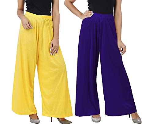 Image of Buy That Trendz M to 4XL Cotton Viscose Loose Fit Women M to 6XL Flared Wide Leg Palazzo Pants for Yellow Purple 2 of Pack Combo X-Large