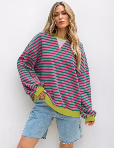 Image of UEU Women Oversized Striped Crewneck Sweatshirt Long Sleeve Color Block Pullover Tops Casual Loose Workout Shirt
