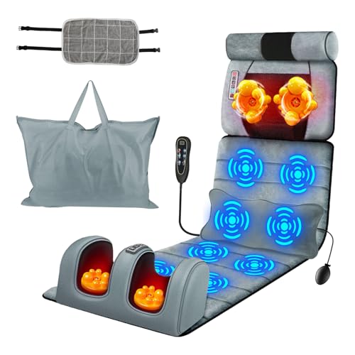 Full Body Massage Mat with Heat,Electric Massage Pad for Neck,Back,Foot&Full Body Pain Relief,10 Vibrating Nodes 3 Heating Levels W/ Detachable Neck,Foot Massager,Head Pillow&Inflatable Lumbar Pillow