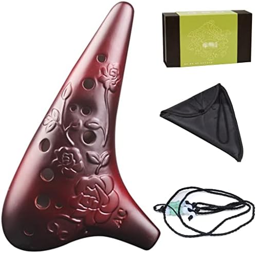 ZYCSKTL Adult Beginner 12 Hole Alto C Clay Ocarina, Natural Smoked Submarine Type Playing Instrument, Beautifully Hand-Carved Roses, Cloth Bag + Lanyard + Mouthpiece Protector, Antique Color