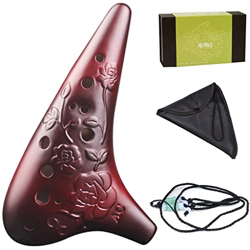 Zycsktl Adult Beginner 12 Hole Alto C Clay Ocarina, Natural Smoked Submarine Type Playing Instrument, Beautifully Hand-Carved Roses, Cloth Bag + Lanyard + Mouthpiece Protector, Antique Color #TOP3
