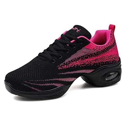 Womens Mesh Split-Sole Jazz Shoes Lace-up Dance Sneakers Lady High Arch Air Cushion Modern Dance Shoes Athletic Walking Shoes Rose red 39 Cover