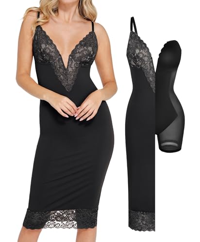 Popilush Women Lace Shapewear Midi Dress 2025 V neck Bodycon Corset Cocktail Party Date Night Dresses