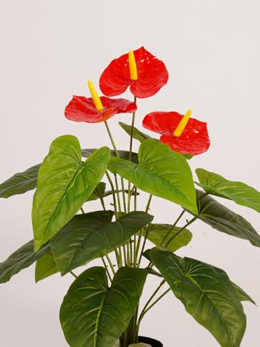 Image of ARICK DECOR 2.1Ft Artificial Anthurium Plant with 18 Leaves, 65cm Tall Faux Tropical Flamingo Flower in Black Pot, Realistic Large Silk Leaf Potted Tree for Home, Office & Interior Styling