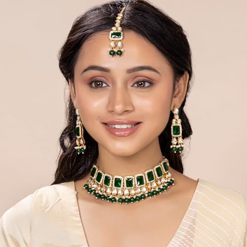 Aheli Traditional Faux Stone Nekclace Earrings Maang Tikka Bollywood Wedding Party Jewelry Set Gift for Women3