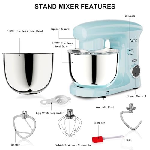 Image of Camic Stand Mixer, Blue, 4.2QT+5.3QT Two Bowls Electric Food Mixer