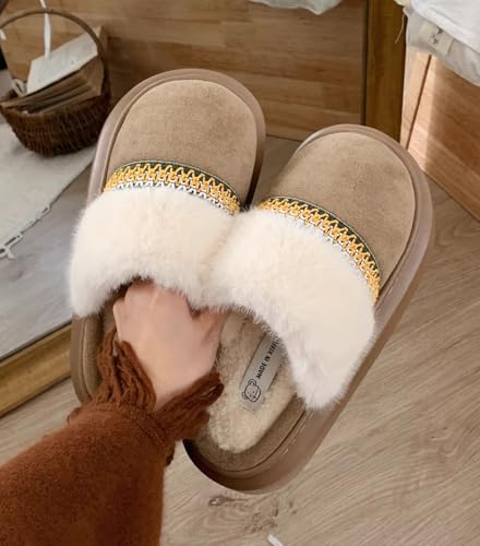 Women's Retro Fluffy Slippers Soft Plush Warm Slip-on Shoes Memory Foam Warm Winter House Slipper Indoor Outdoor Cozy Shoes4
