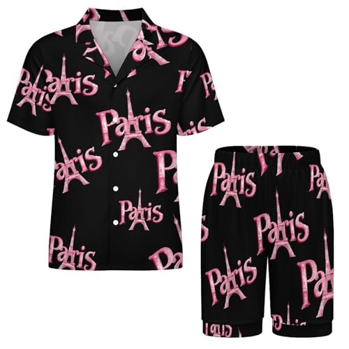 Paris with Eiffel Tower Mens Pajama Set Short Sleeve Button Down Shirt And Shorts Soft Summer PJs3