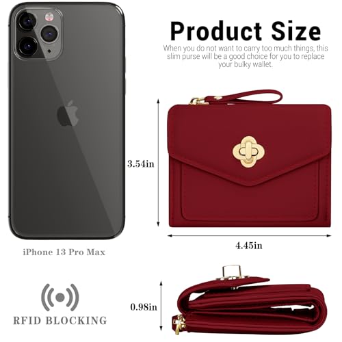 BIAOTIE Small Wallet for Women Leather Bifold Pocket Wallet RFID Blocking Credit Card Holder Cute Purse with Zipper Coin Pocket (Red)3