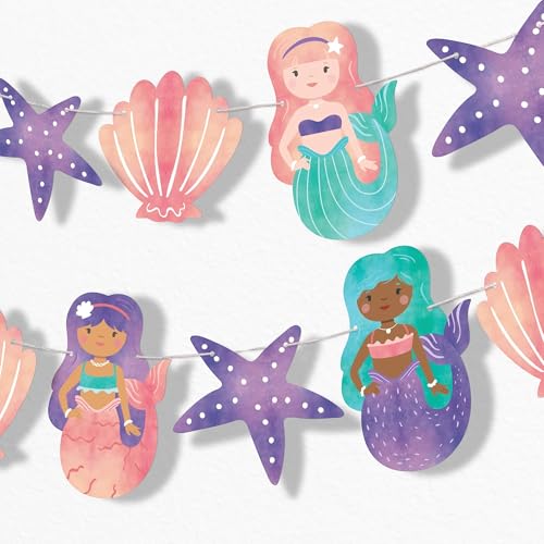 Big Dot of Happiness Mermaid Banner Pink & Purple Birthday Decorations 15 Double-Sided Mermaid Characters with 30 Feet of Cord
