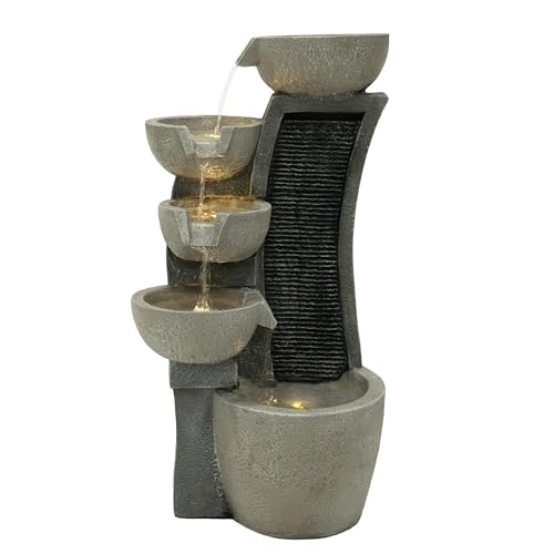 Fuente de Agua Exterior Eléctrica con 5 Cuencos y Luz LED, Cascada Decorativa para Jardín, Patio y Terraza, Efecto Piedra, Bomba Silenciosa – Sleek Streams