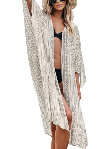 CUPSHE Kimono de mujer para cubrir trajes de baño étnico medio cárdigan playa verano 2024, Blanco grisáceo, M
