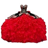 Ball Gown Sweetheart Quinceanera Dresses Mexcian Charro Style XV Sweet 15 16 Cocktail Graduation Prom Damas Velvet Organza Gold Buttons Black and Red 2