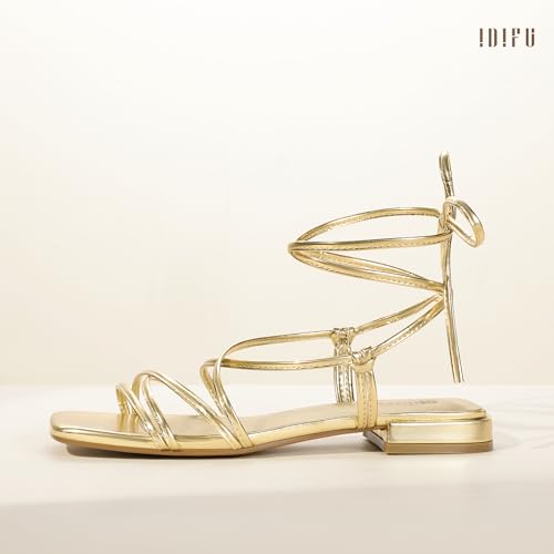 Image of IDIFU Strappy Lace Up Flat Sandals for Women Tie Up Square Open Toe Ankle Wrap Straps Dressy Gladiator Summer Beach Wedding Party Ladies Comfortable Cute Casual Dress Sandals
