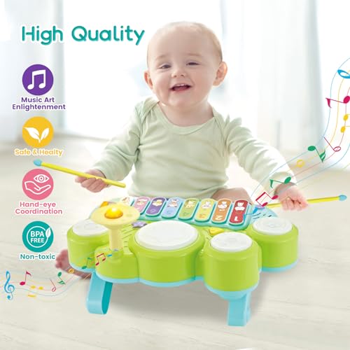 Ohuhu Y26-80300-05 Kids Drum Set For Toddlers: Ohuhu 5 In 1 Baby Musical Instruments Musical Toys Children Drum Kit Xylophone Microphone Piano Early Educational Learning Toy thumb #7