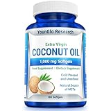 YounGlo Research Coconut Oil 1000 mg 100% Cold-Pressed Organic Extra Virgin Coconut Oil 180 Vegan Softgel Capsules Keto-Friendly Dietary Supplement Support for Hair, Nails & Skin Health