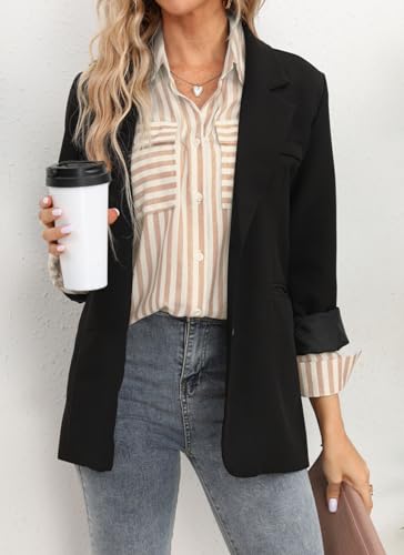 OMSJ Women's Striped Button Down Shirts Casual Long Sleeve Stylish V Neck Blouses Tops with Pockets2