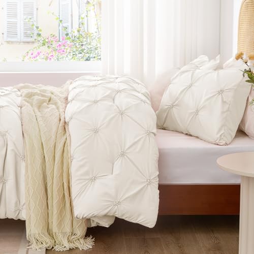 Image of BEDELITE Queen Comforter Set Cream White,Lightweight & Soft Comforter | Pintuck Boho Bedding, Warm & Cute Bed Set for All Season,With 2 Pillowcases