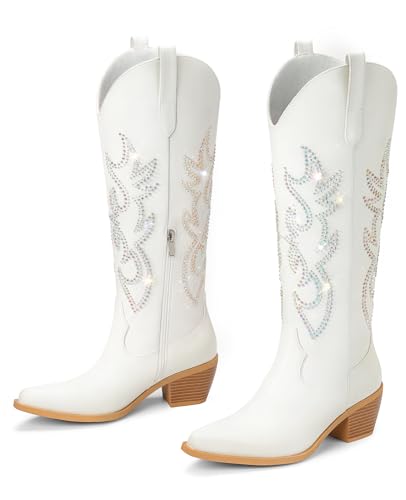 Image of Pasuot Western Cowboy Boots for Women - Knee High Wide Calf Cowgirl Boots, Slip On Pointed Toe Chunky Heel Fashion Retro Classic Pull On Tall Boot for ladies Party concert