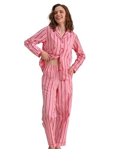 Image of NAP BOUND 100% Cotton Pajamas for Women 2 Piece PJs Set Long Sleeve Button Down Breathable Woven Sleepwear Loungewear XS-XXL