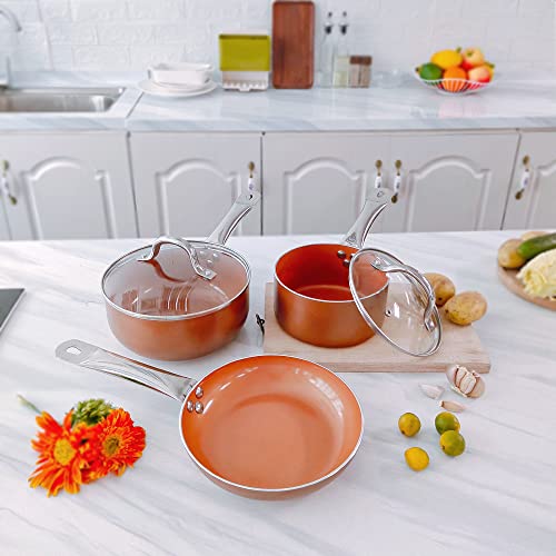 Shineuri 5 Pieces Copper Cookware Copper Pans And Pots Nonstick Pots And Pans Copper Nonstick Cookware, Ceramic Pot And Pans, Copper Pots - 8 Inch Fry Pan, 1.5Qt Pot And 2.5 Qt Pot With Lid #TOP5