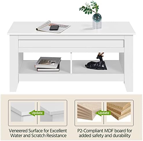 Yaheetech Lift Top Coffee Table, Lift Up Coffee Table for Living Room, Wooden Lifting Coffee Table with Hidden Storage Compartment and Open Shelf for Living Room, White, 104.5 x 49.5 x (48.6-61.5) cm