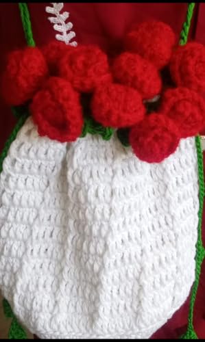 Image of RHC Handmade Crochet Bucket Bag with 3D Red Rose Floral Embellishment, White, Medium, Women's Crossbody Handbag 18x18