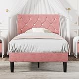 VECELO Twin Size Bed Frame, Upholstered Platform with Adjustable Diamond Tufted Headboard, Wood Slat Support, No Box Spring Needed, Pink