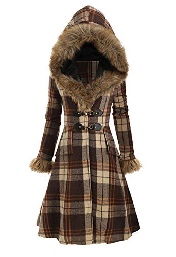 chouyatou Women s Casual Midi Long Plaid Wool Duffle Coat with Faux Fur Hood (X-Large, Khaki Plaid)