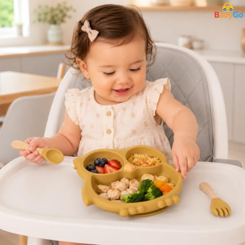 Image of BabyGo Silicone Suction Plate for Babies & Toddlers | 3-Section Owl-Shaped Feeding Set | Strong Suction Cups | BPA-Free, Microwave Safe | Self-Feeding| 1 Plate & 2 Spoons | Yellow