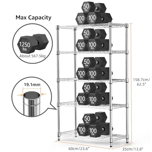 Image of M MZG 1250 lbs Steel Heavy Duty 5-Tier Utility Shelving Unit Steel Organizer Wire Rack for Home,Kitchen,Office,Chrome (13.7 inch D x 23.6 inch W x 62.4 inch H)