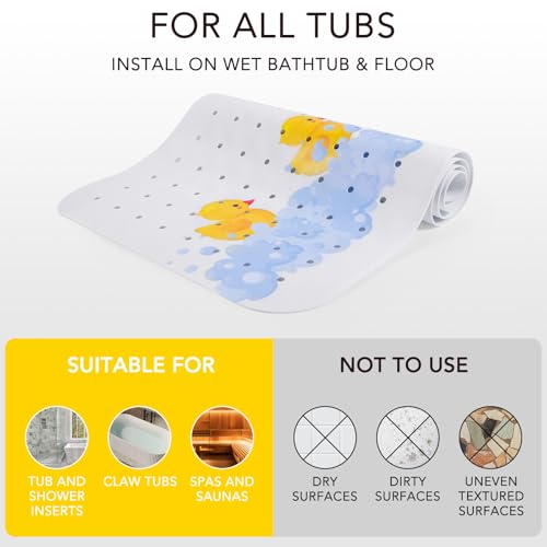 Image of PRATIQUE Kids Bath Mat for Tub Non Slip，40 X 16 Inch Extra Long Kids Bathtub Mat Duck Print Bathtub Shower Mat Safety Anti Slip with Suction Cups and Drain Holes, Machine Washable