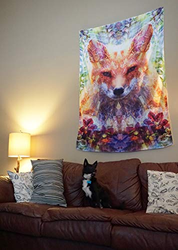 Lucid Eye Divine Fox Tapestry, Trippy Animal Design, Psychedelic Orange/Green Abstract Artwork Wall Hanging, For Bedroom Living Room Dorm, Tall 48X72 Inches #TOP1