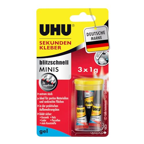 UHU Sekundenkleber extra stark | 3x1g Kleber Tuben mit Aufbewahrungsbox | Sekundenkleber Gel für Kunststoff, Metall, Holz, Keramik, Porzellankleber | Superkleber & Kunststoffkleber