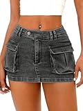 ELLEVEN Cargo Mini Skirt for Women Low Waist Y2K Bodycon Low Rise Denim Women's Skirts High Stretchy Button Cute Skort Mini Jean Skorts with Pockets Black Denim Large