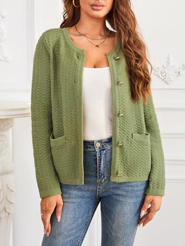 Women's Casual Cardigan Sweaters Open Front Long Sleeve Button Down Crew Neck Knit Jackets with Pockets3