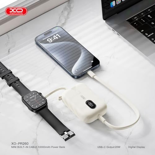 Resim XO Simple is Beauty PR260 Hızlı Şarj Powerbank, 10000 mAh, 20W Type-C, Akıllı Saat Uyumlu, Qi Wireless Şarj, Dahili Type-C Kablo (Beyaz) 