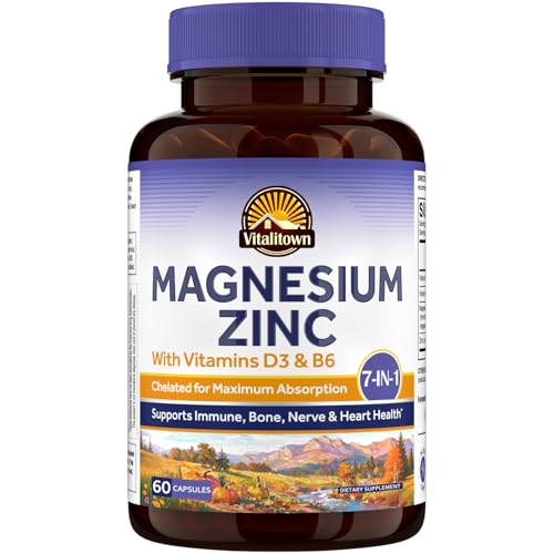 Vitalitown Magnesium Zinc with Vitamins D3 & B6 Chelated Magnesium Glycinate Malate Citrate Taurate High Absorption for Sleep Bone Heart Immune Digestive Support 60 Caps