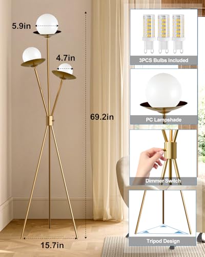 Image of 3 Globe Dimmable Tripod Floor Lamp, Mid Century Floor Lamps with 3Pcs 3000K Bulbs Included, Modern Gold Tall Lamp for Living Room Bedroom Home Office Sofa Beside Corner Decor