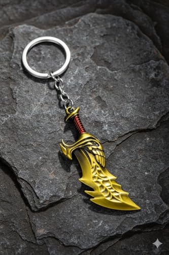 Image of BLUE WARRIOR God of war keychain (gold)- Fantasy Winged Dagger Keychain - Antique Gold Mini Sword Key Ring with Red Handle - Metal Collectible Key Holder for Men, Women, Gamers & Gift Giving