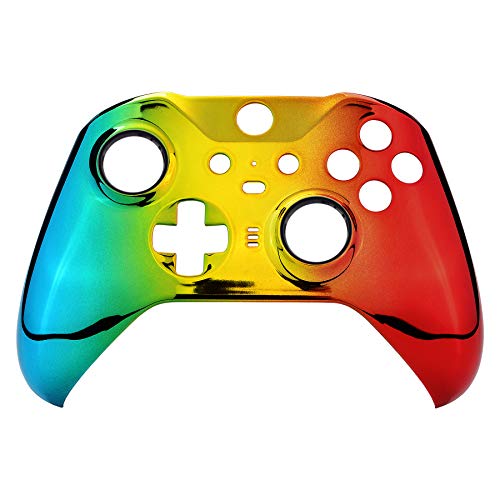 Image of eXtremeRate Tri-Color Gradient Glossy Faceplate Cover, Chrome Cyan Gold Red Replacement Front Housing Shell Case for Xbox One Elite Series 2, Elite 2 Core Controller Model 1797 - Accent Rings Included