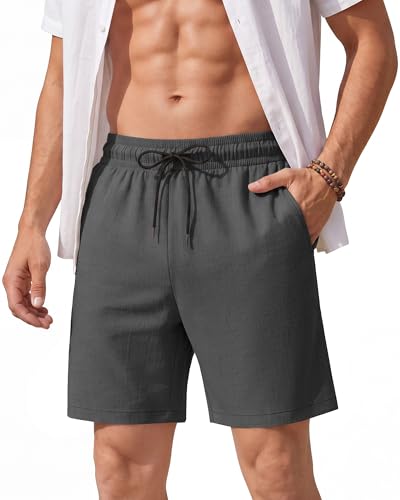 Image of August Alley Men's Linen Shorts with Liner Summer 5 Inch Casual Elastic Waist Drawstring 2 in 1 Beach Shorts with Pockets