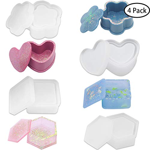 KEKU Molde de resina de silicona, cuadrado, corazón, hexágono, flor, resina epoxi para hacer joyero, caja de almacenamiento