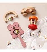 Promise Babe Wooden Baby Toys 4pcs Rattles Set Baby Toys Montessori Toys for Babies,Red