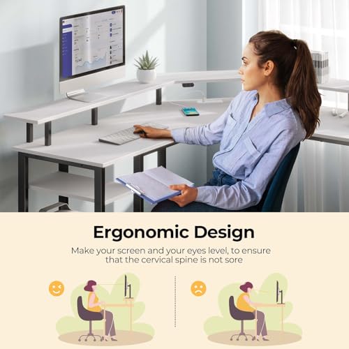 Image of Rolanstar Computer Desk 56 inch with Power Outlets USB Ports & LED Strip,Reversible L Shaped Desk with Monitor Stand & Storage Shelf,L Shaped Gaming Desk with Hooks,Home Office Desk,White