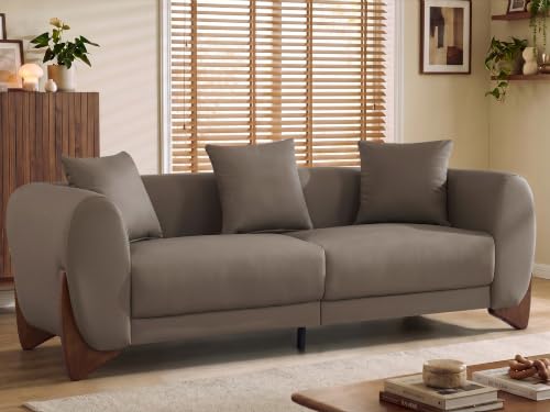 Image of 87 inch Faux Leather Cloud Couch Modern 3 Seater Sofa with Solid Wood Legs, 25 inch Extra Deep Seat, Comfy Thick Cushion Upholstered Sofa Couches with 3 Pillows for Living Room, Tan